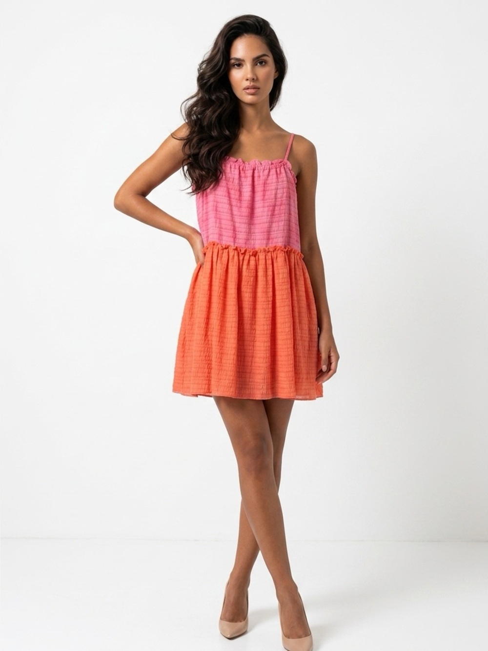 Fanco Sundress Womens Size S Pink & Orange Colorblock Tiered Ruffle Trim